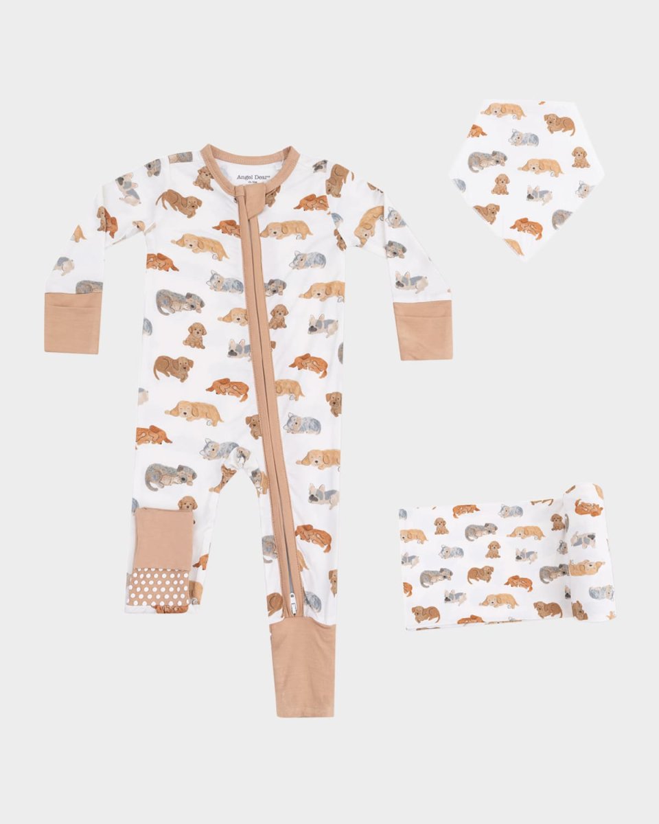 Boy's Napping Puppies 2-Way Zip Footie Romper, Swaddle Blanket & Bandana Bib, Size 0M-24